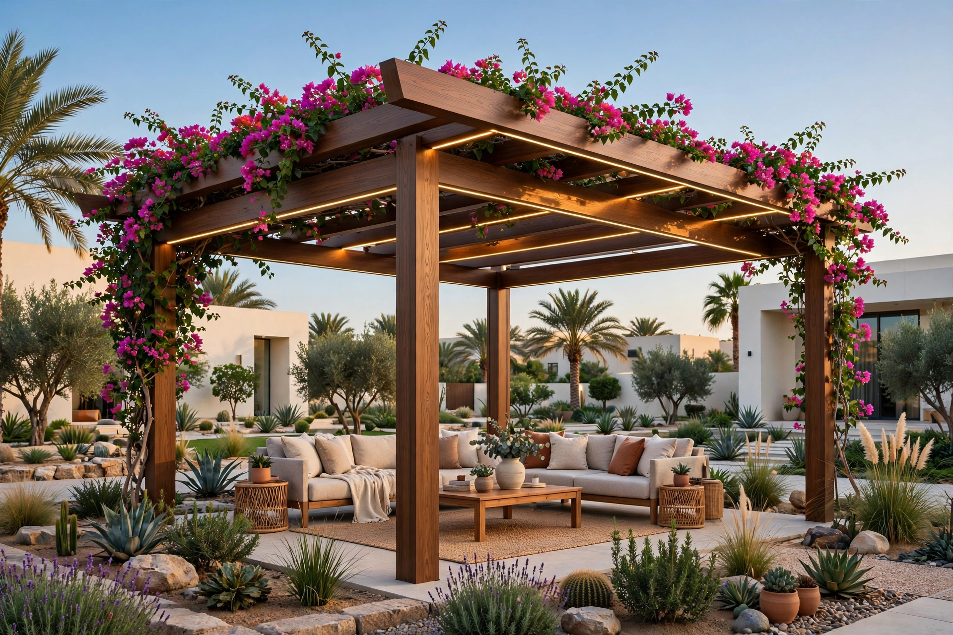 Wooden-finish aluminium pergola with bougainvillea in a Dubai villa garden at sunset