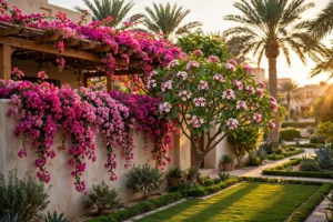 Bougainvillea and frangipani in a lush Dubai villa garden at golden hour