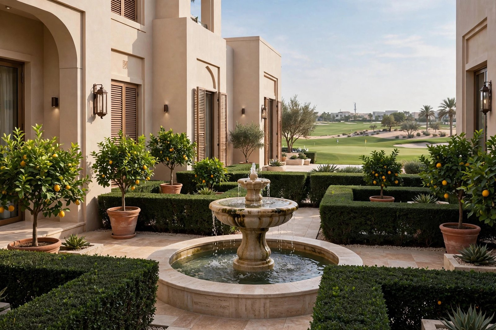 Courtyard garden with fountain and clipped hedges in Jumeirah Golf Estates, Dubai