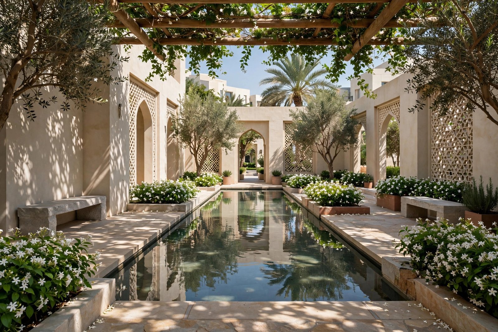 Courtyard reflecting pool with jasmine planting