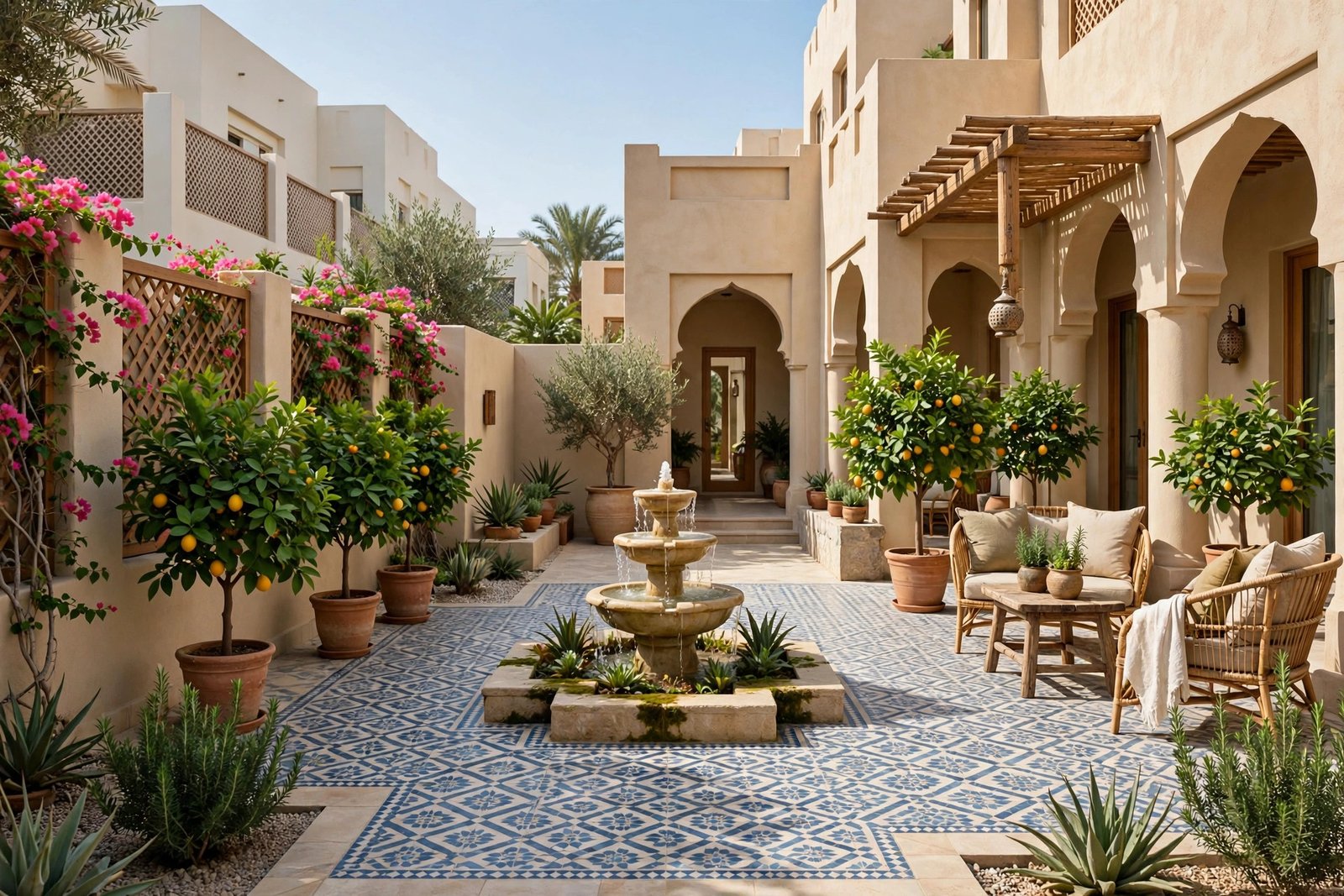 Courtyard garden with fountain and citrus trees