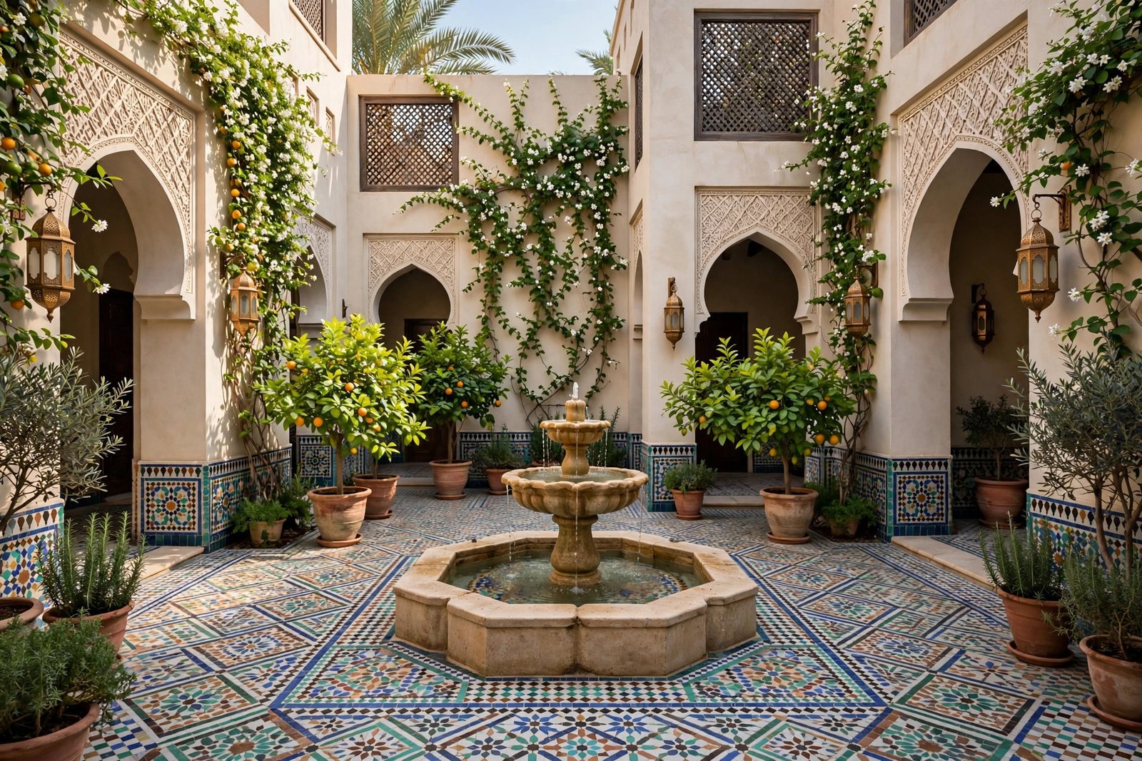 Arabic courtyard garden with fountain in Jumeirah, Dubai
