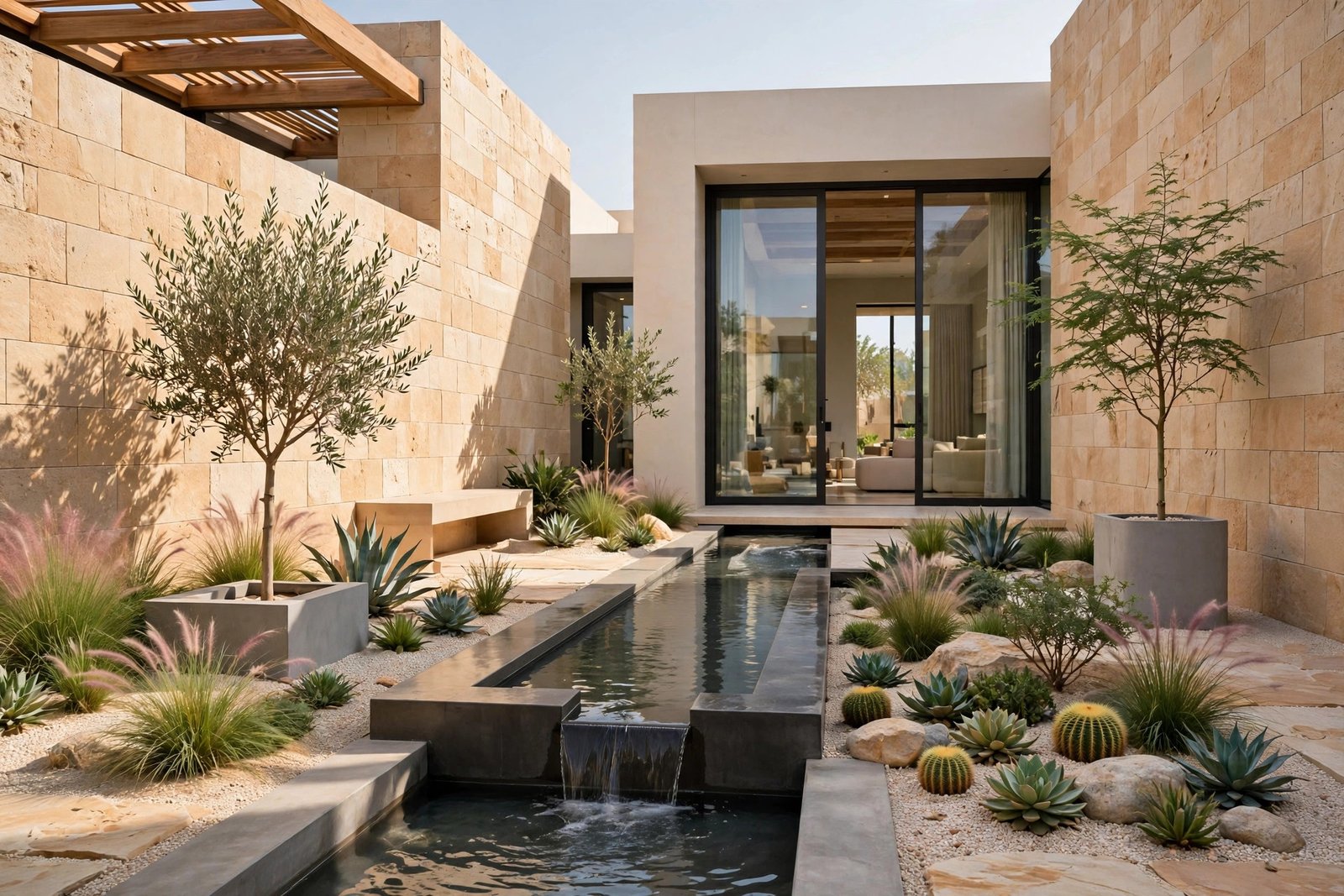 Modern courtyard garden with water feature in Tilal Al Ghaf, Dubai