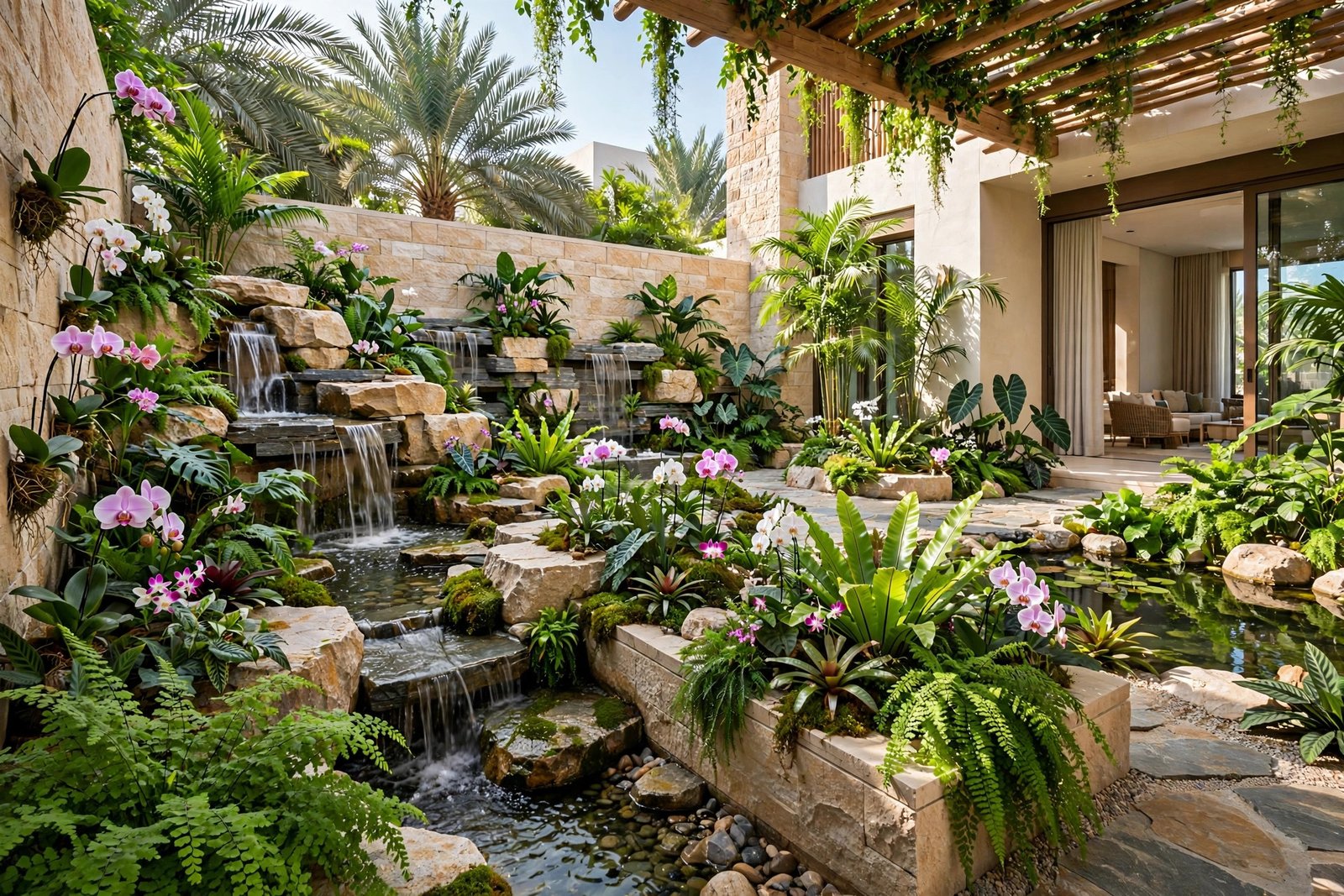 Tropical courtyard garden with cascading water feature in Al Barari, Dubai