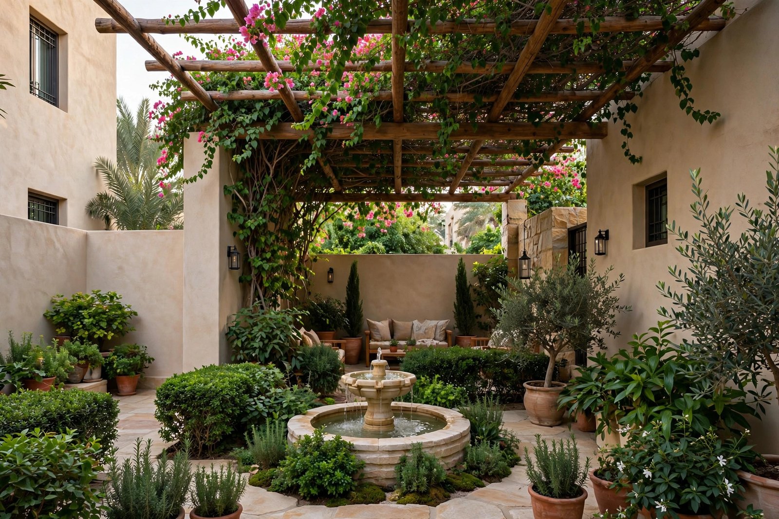 Courtyard garden with pergola, climbers and fountain in The Meadows, Dubai