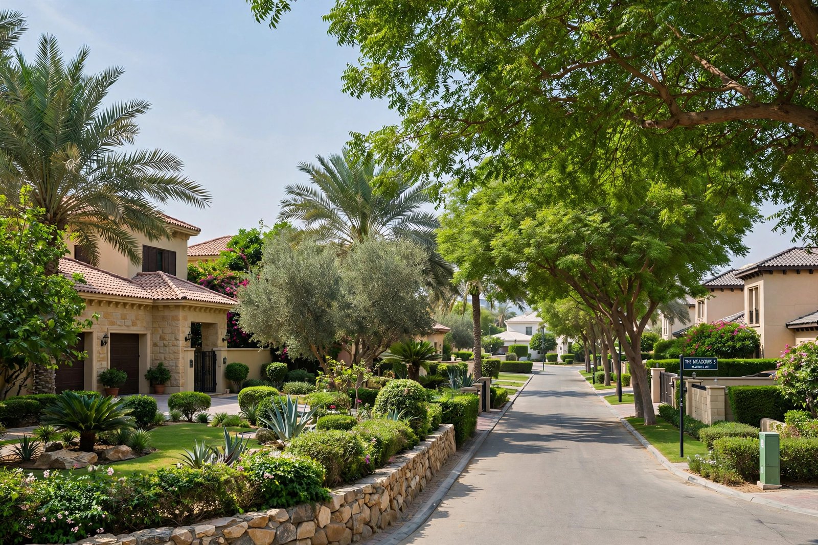 Tree-lined villa front yard on a Meadows street in Dubai