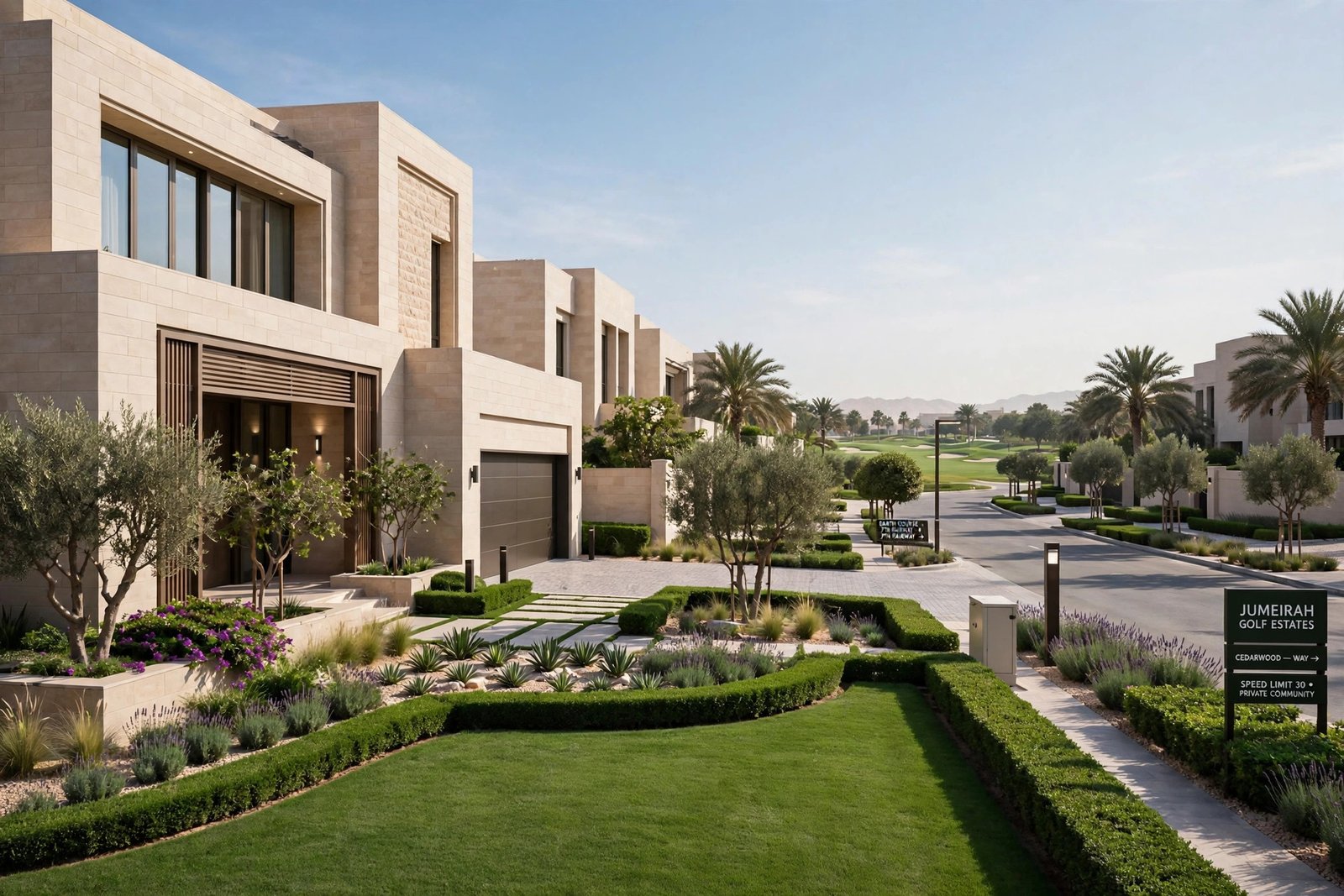 Immaculate villa front yard on a golf-community street in Dubai