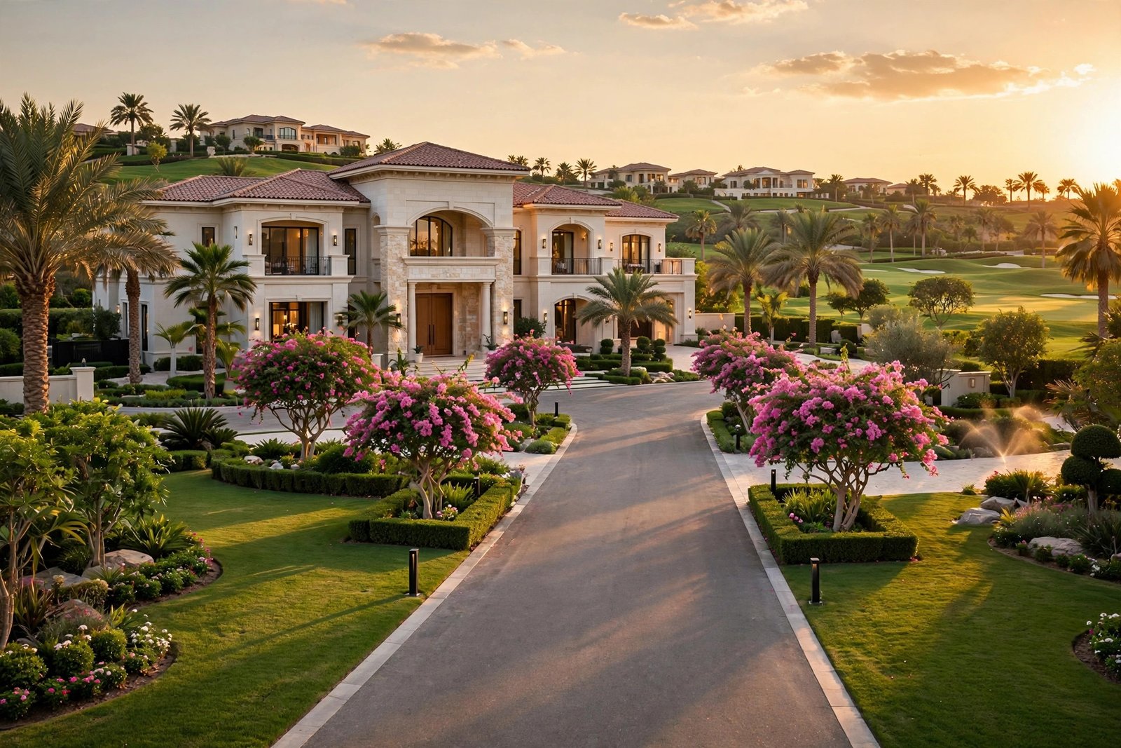 Manicured front garden with long driveway at golden hour