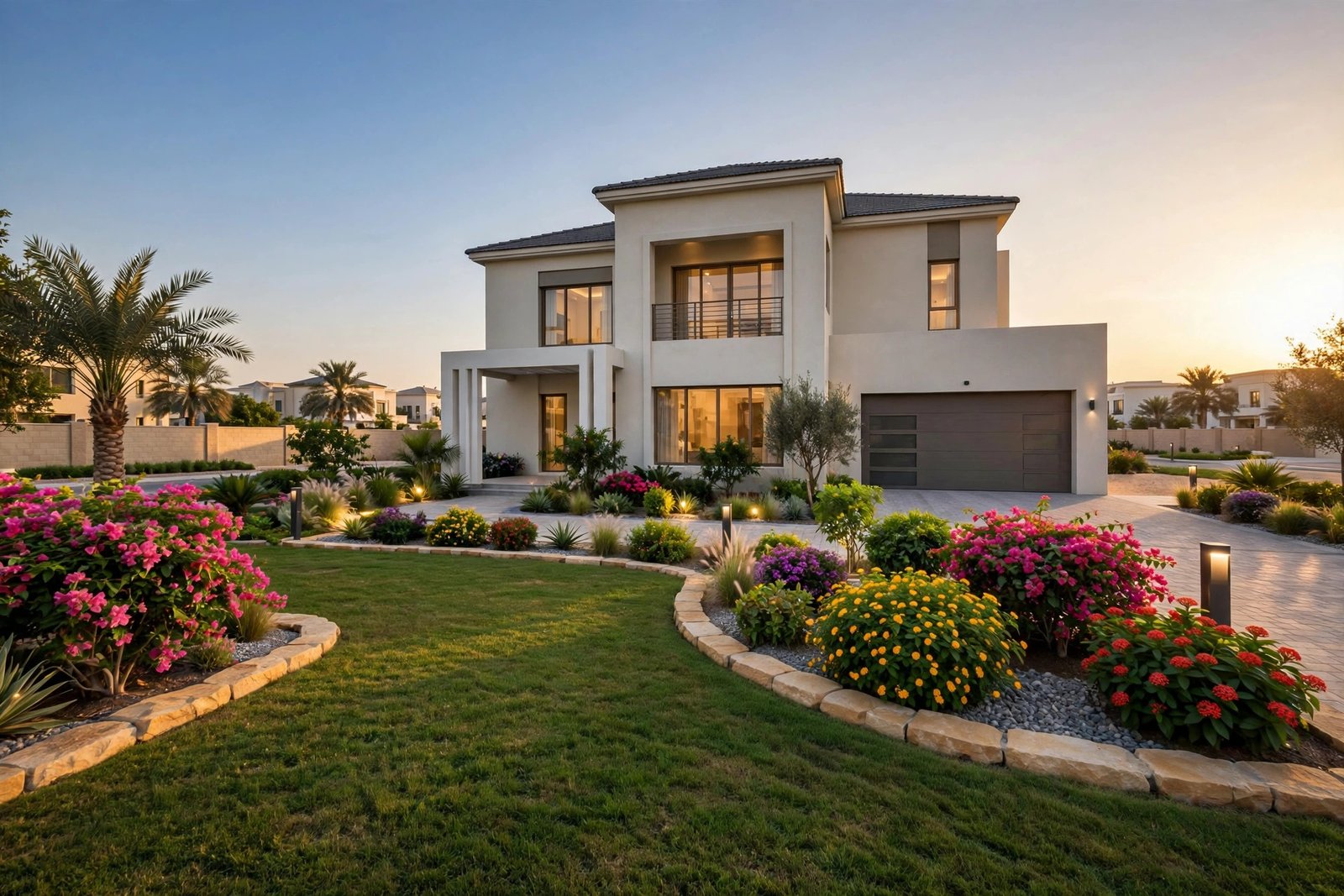 Front yard with lawn edging and colorful shrubs