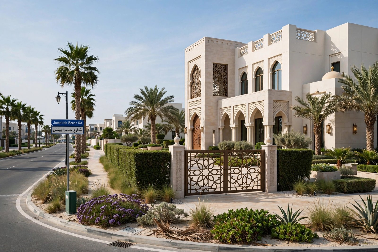 Villa front yard landscaping in Jumeirah, Dubai – hedge and date palms
