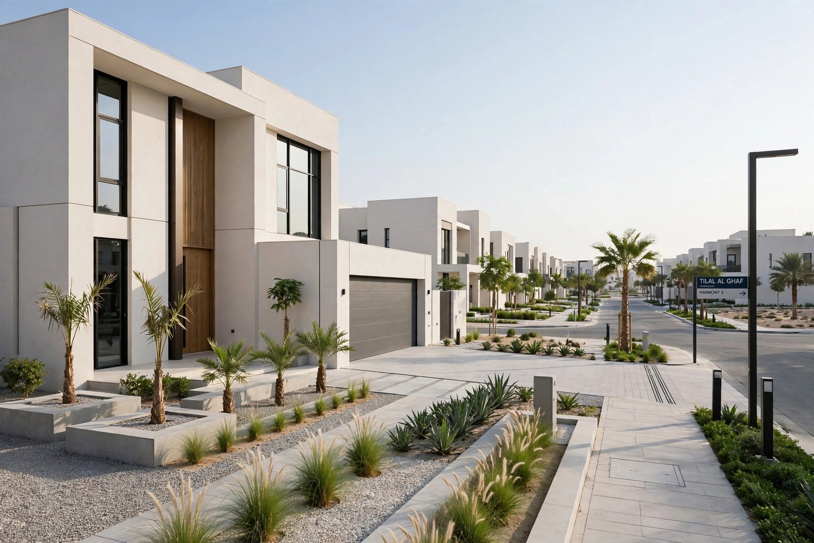 Villa front yard landscaping in Tilal Al Ghaf, Dubai – young palms and clean driveway