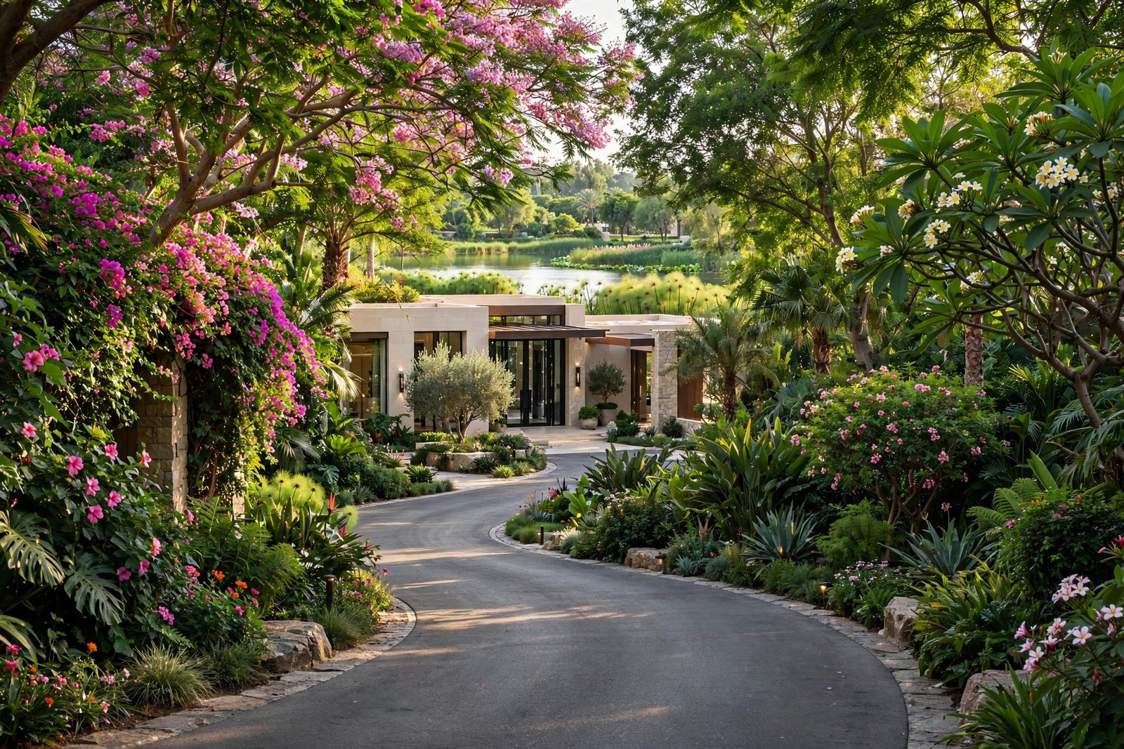 Villa driveway winding through botanical gardens in Al Barari, Dubai
