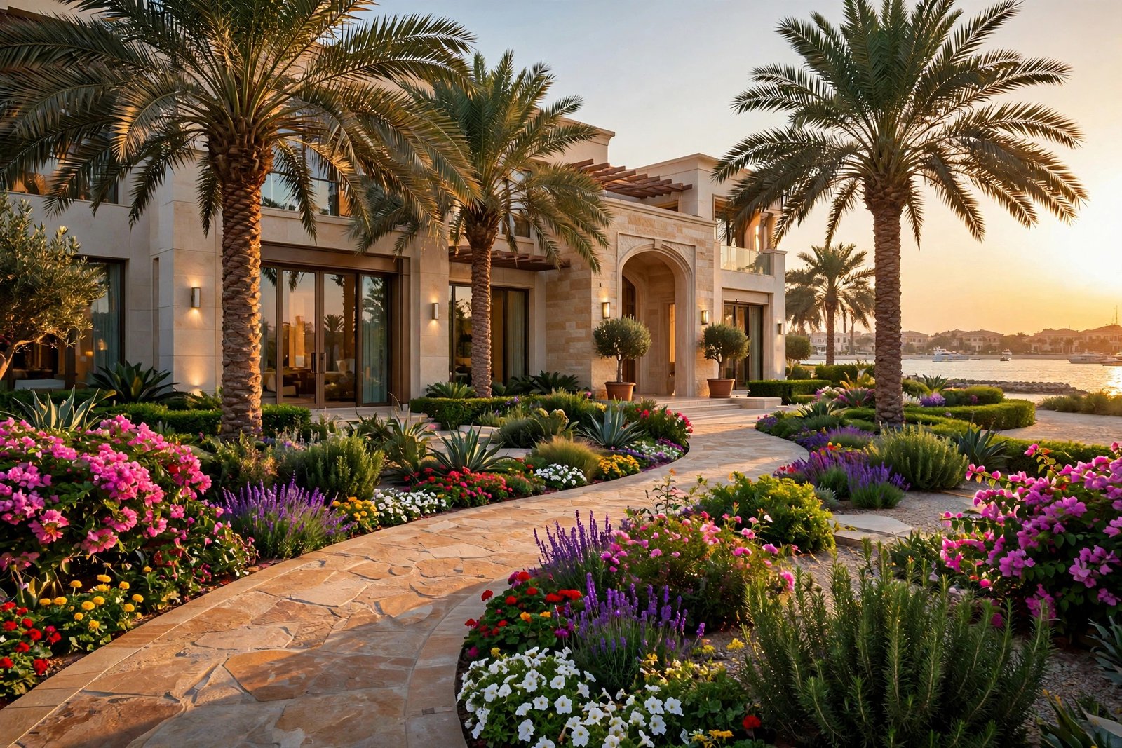 Grand driveway garden, golden hour