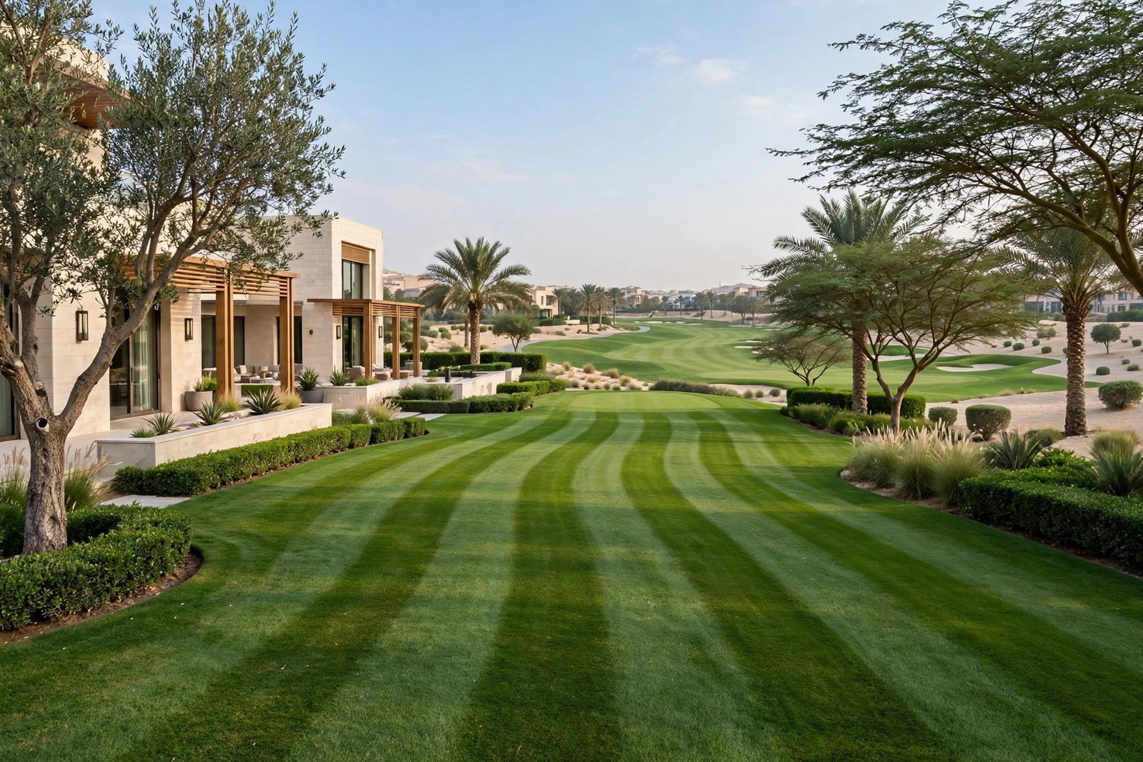 Garden maintenance in Jumeirah Golf Estates, Dubai – striped lawn flowing into the golf course