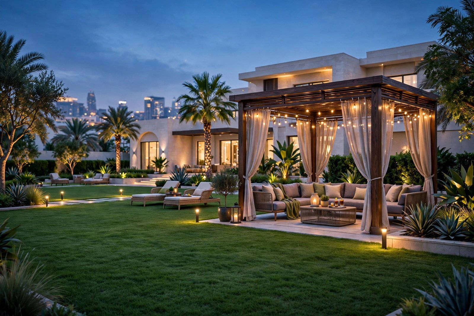 Villa lawn with gazebo lounge at dusk
