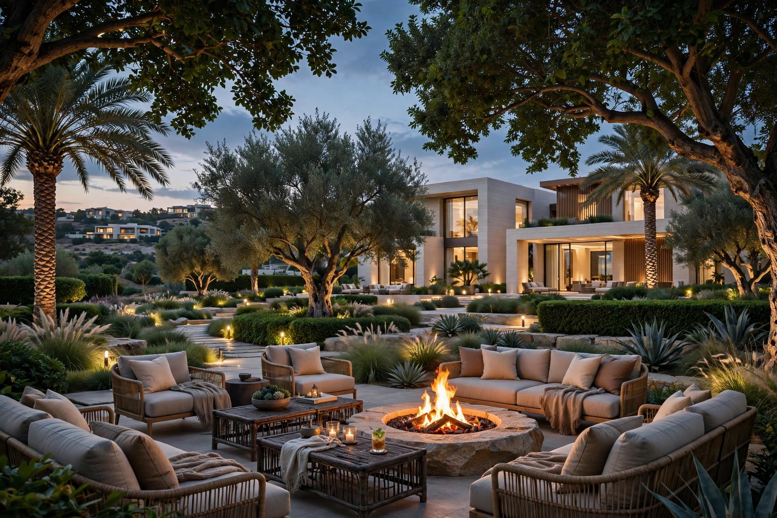 Fire pit lounge in a mature villa garden at dusk