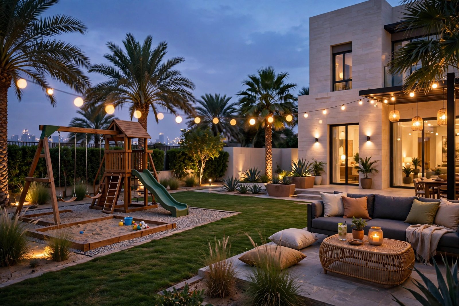 Backyard lawn with play space and evening lounge