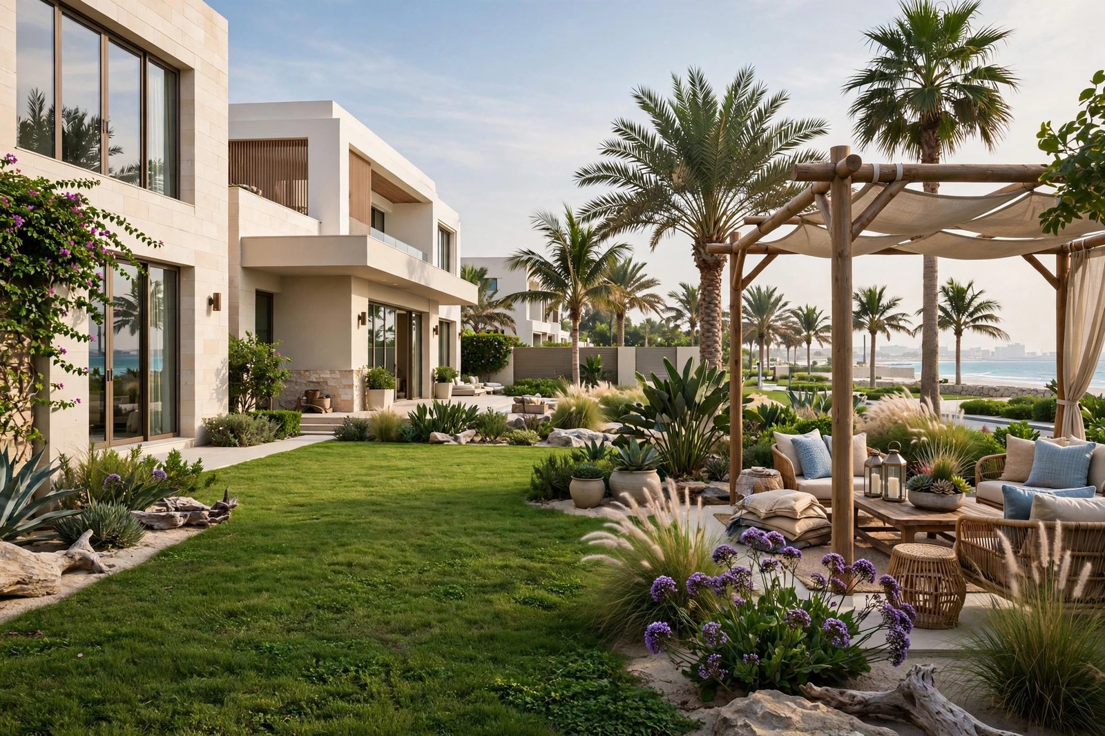 Garden maintenance in Jumeirah, Dubai – family lawn with palm shade