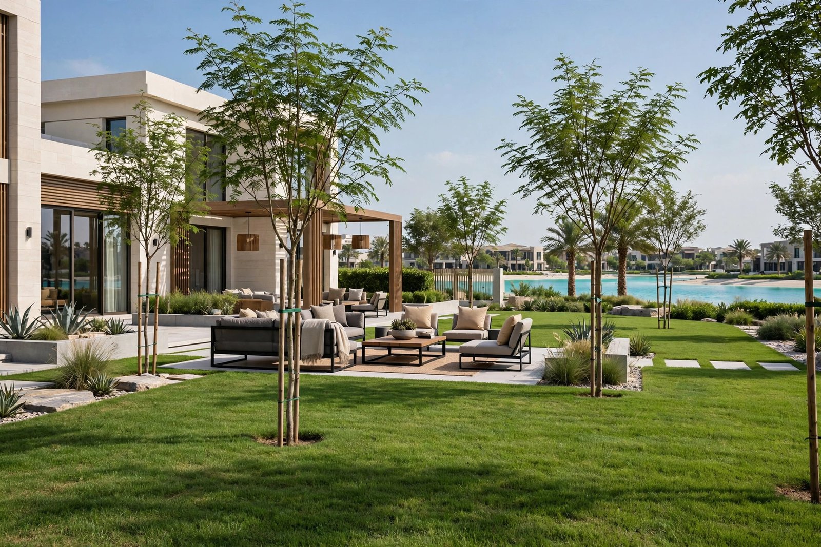 Garden maintenance in Tilal Al Ghaf, Dubai – fresh family lawn with modern lounge