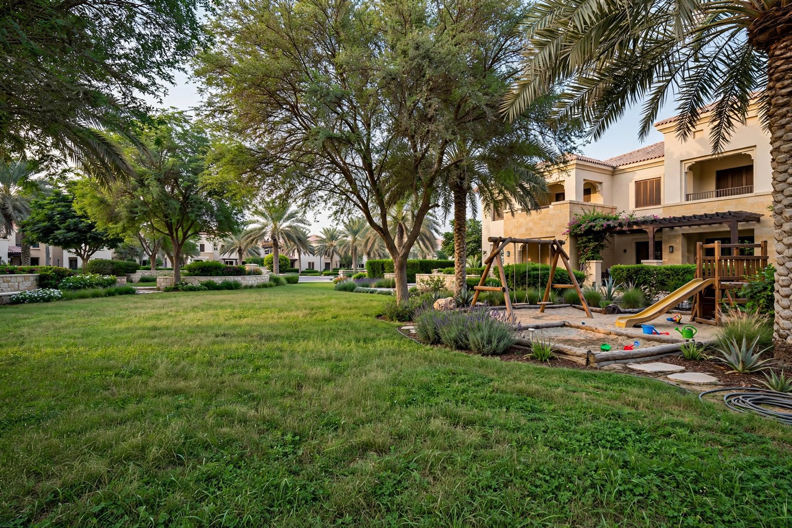 Garden maintenance in The Meadows, Dubai – family lawn with play corner under shade trees