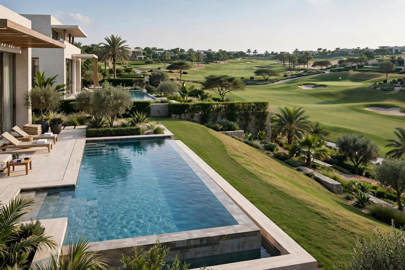 Pool cleaning and poolside landscaping in Jumeirah Golf Estates, Dubai – pool with lawn rolling to the fairway