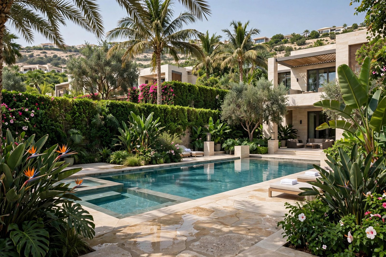 Poolside garden with stone deck and privacy hedging