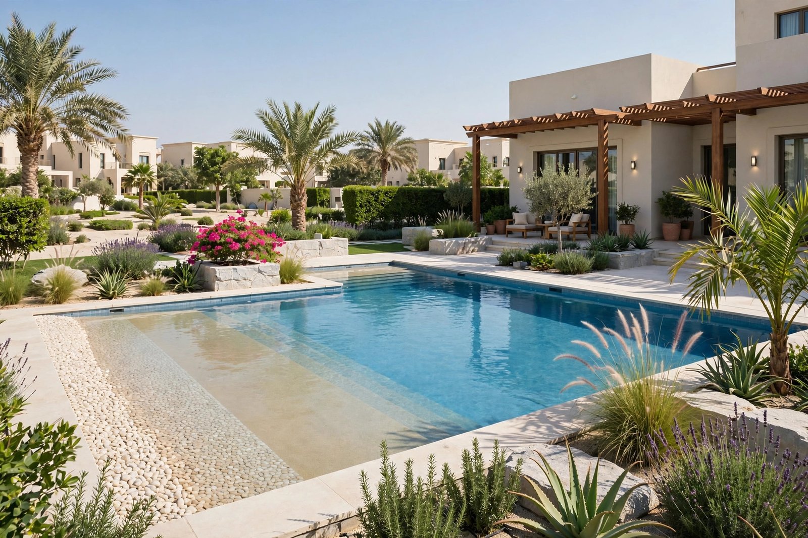 Family pool with shallow entry and soft planting