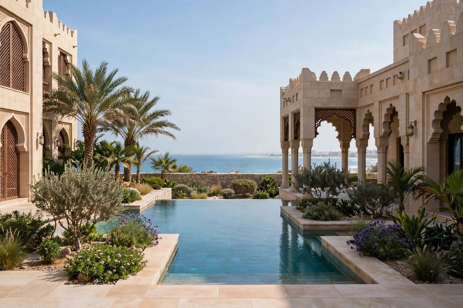 Pool cleaning and poolside landscaping in Jumeirah, Dubai – sea-facing pool with coastal planting