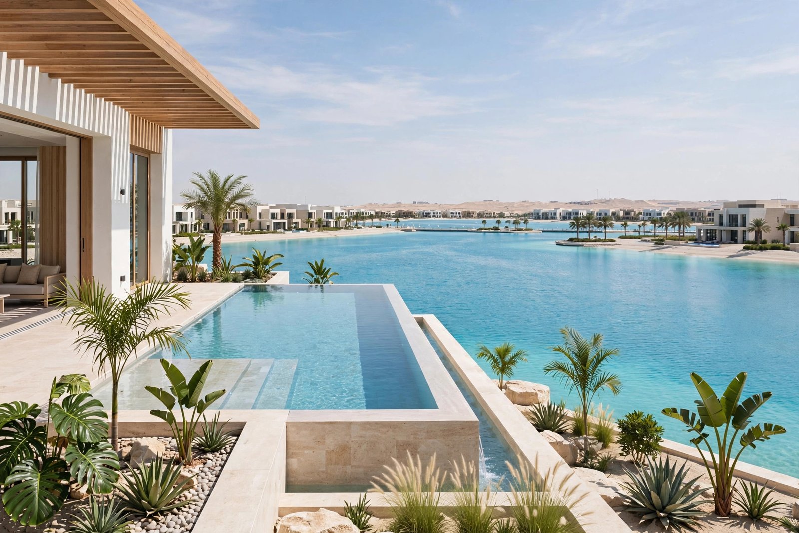 Pool cleaning and poolside landscaping in Tilal Al Ghaf, Dubai – infinity pool with lagoon views