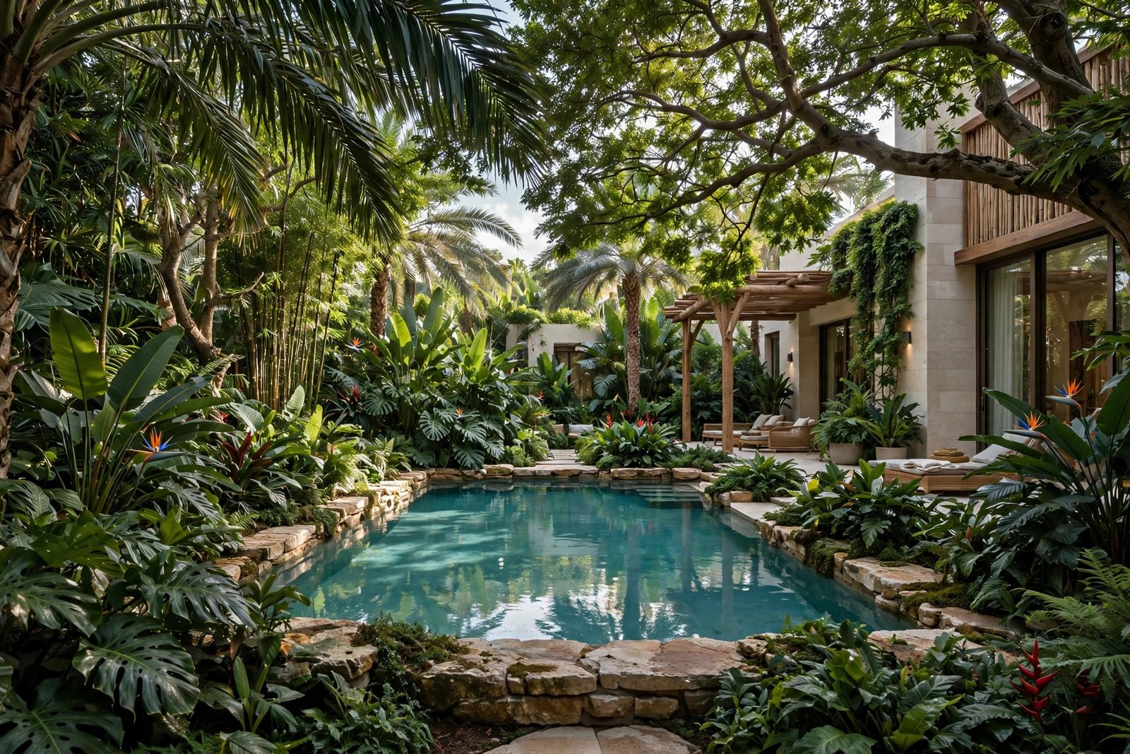 Pool cleaning and poolside landscaping in Al Barari, Dubai – pool wrapped in dense tropical planting
