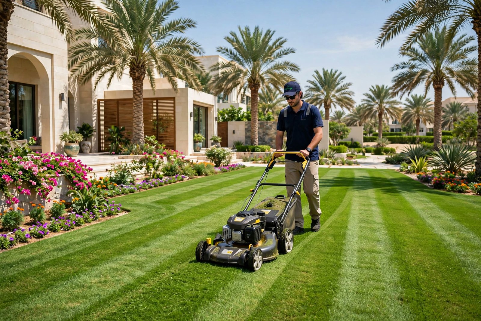 Lawn mowing service in Dubai villa garden