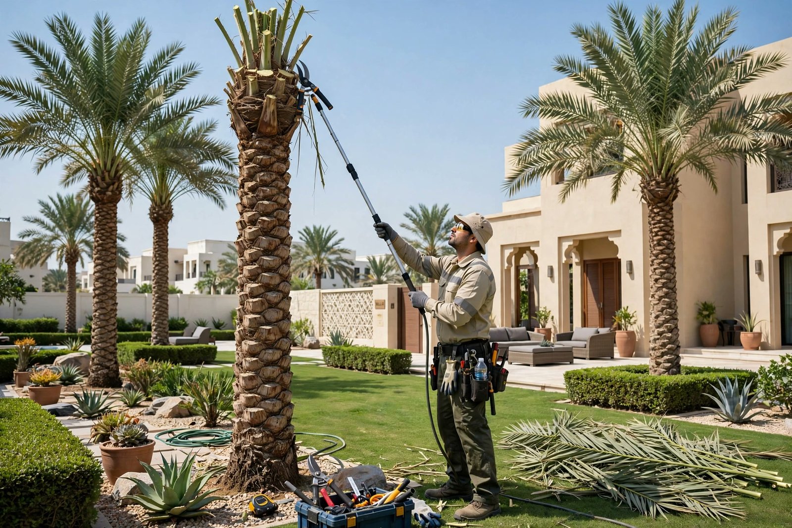 Palm pruning in Dubai villa garden