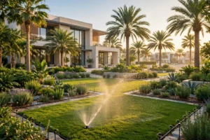 Garden irrigation system watering a Dubai villa lawn