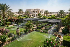 Summer garden care in Dubai — watering a villa garden in extreme heat