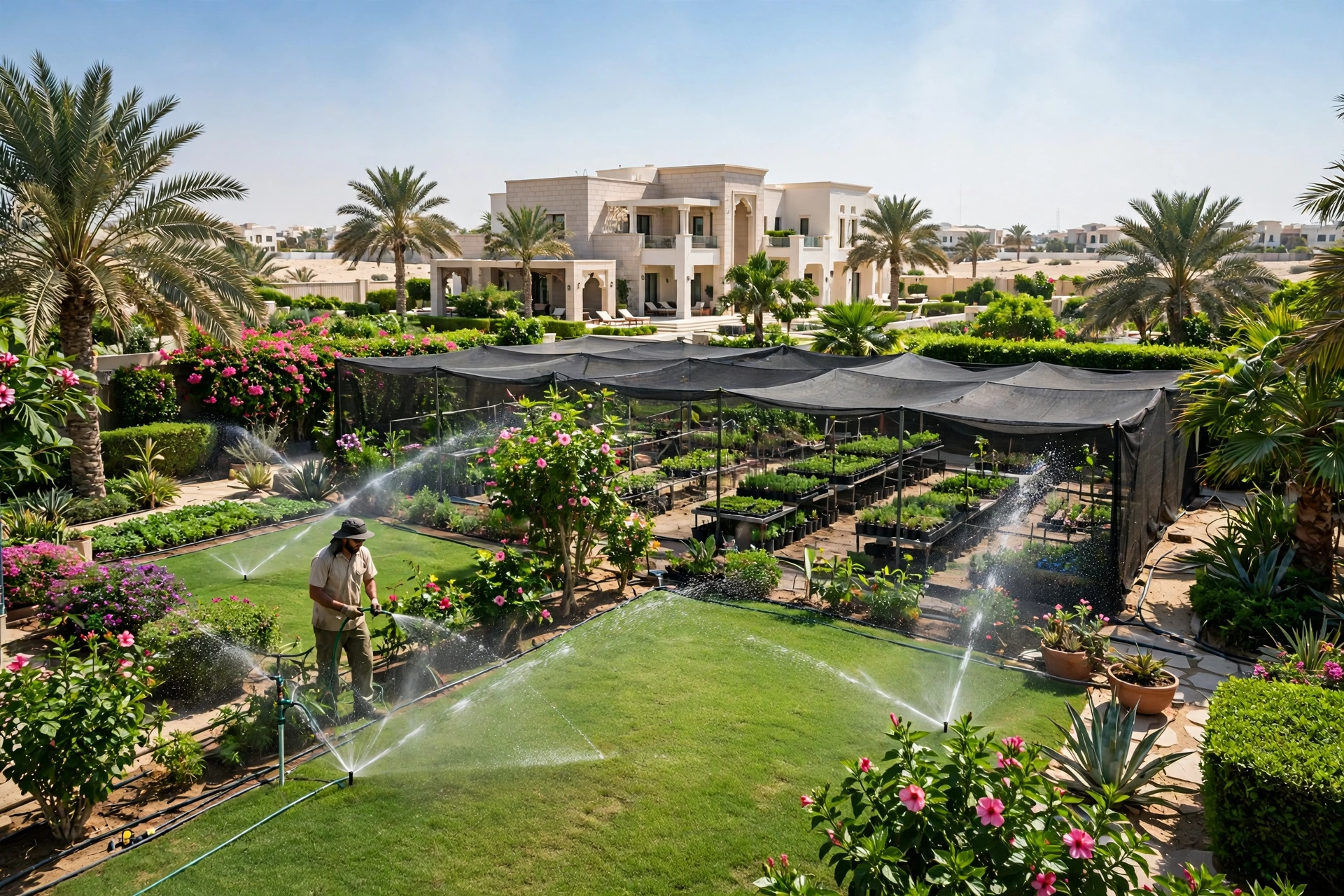 Summer garden care in Dubai — watering a villa garden in extreme heat
