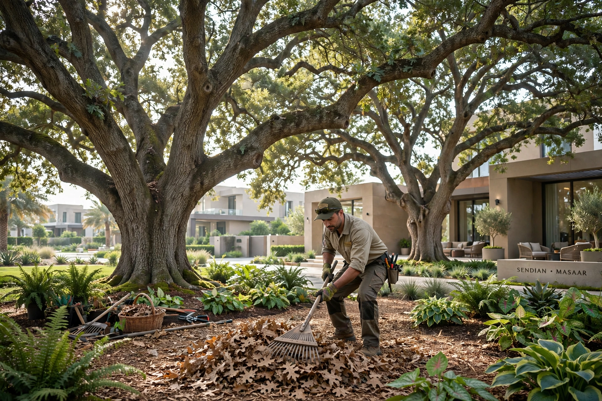Leaf clearing under oaks in Sendian, Masaar Sharjah
