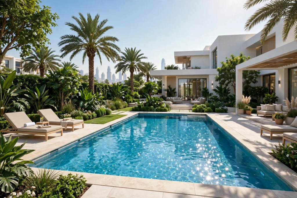 Luxury villa swimming pool in Dubai surrounded by palm trees and sun loungers