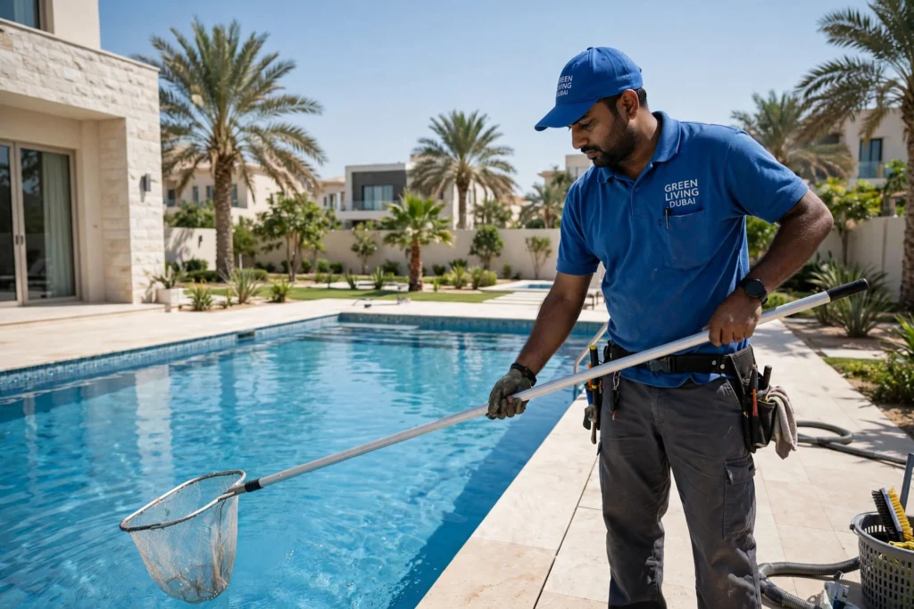 Pool technician cleaning a villa swimming pool in Dubai